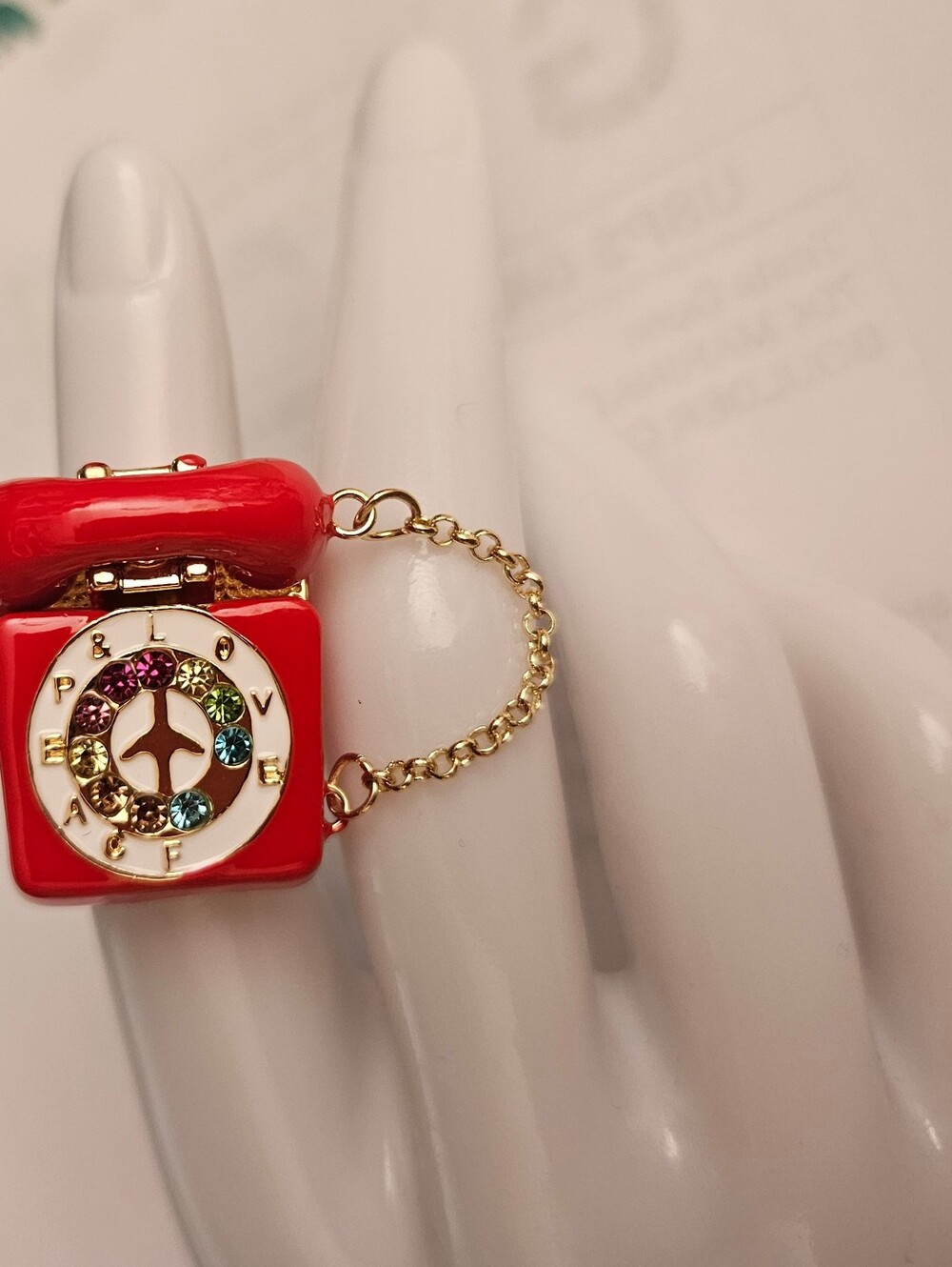 Red Enamel Telephone Ring with Multicolor Crystals